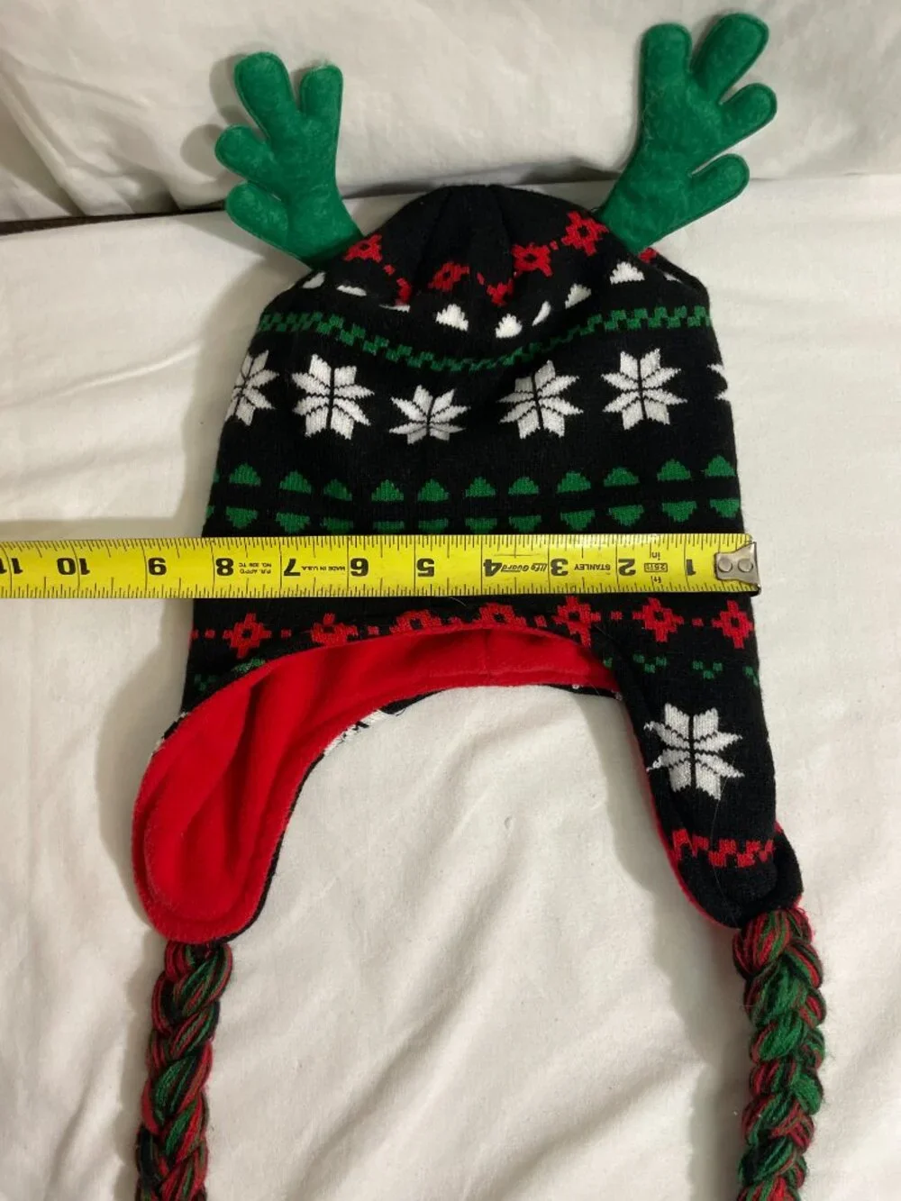 Christmas Reindeer Antler Ear Flap Knit Hat Braided Tassels Fleece Lined OSFM
